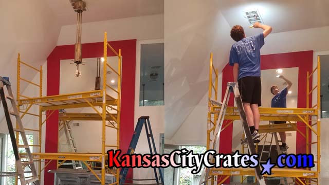 Two photos side by side of baker scaffolding used by crate builder to remove chandelier from high ceiling in master bedroom of home on Ward Parkway in Kansas City Missouri