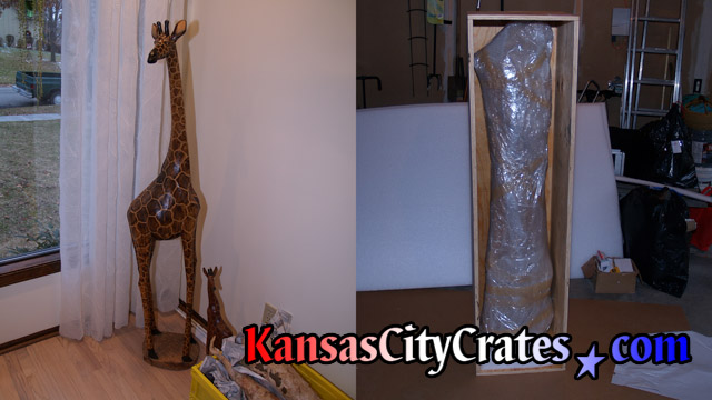 2 views of Tall wood giraffe carving showing before and after crate packing.