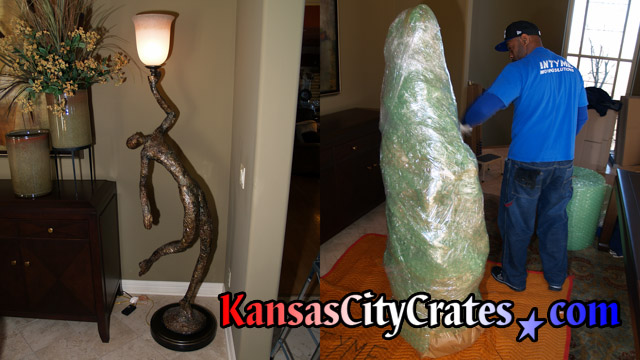 Before wrapping and after photos of large bronze ballet dancer lamp at home in Lenexa KS  66215