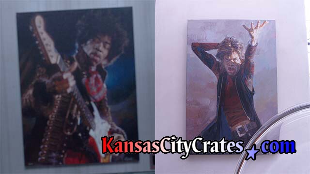 Original oil paintings by Sebastian Kruger of Jimi Hendrix and Mick Jagger at mansion before crating.