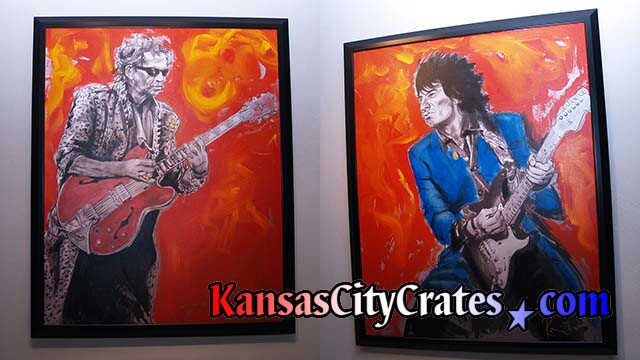 Close up view of oil paintings by Ronnie Wood of The Rolling Stones