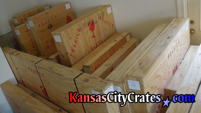 Row of all wood solid wall crates for storage during home rennovations at home in Mission KS  66205