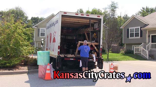 On site crate building truck is fully stocked with all supplies to pack fragile items