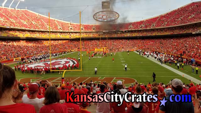 Players take the field before the start of football game at Arrowhead Stadium