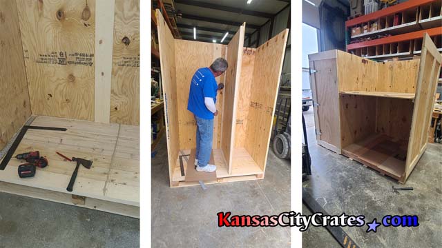 3 view photo showing the assembly stages of a custom designed trade show crate